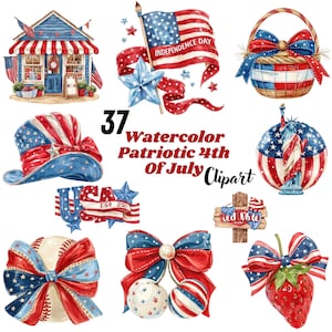 Könnte beinhalten: Aquarell-Cliparts mit patriotischen Designs zum 4. Juli. Enthält eine amerikanische Flagge, ein Geschäft, einen Korb, einen Hut, einen Baseball, Schleifen, eine Erdbeere und die Freiheitsstatue. Der Text lautet "Independence Day".