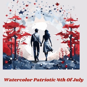 Könnte beinhalten: Aquarellillustration mit einem Paar, das sich an den Händen hält und auf einen großen weißen Kreis zugeht. Rote und blaue Bäume und Sterne rahmen die Szene ein, mit dem Text "Watercolor Patriotic 4th Of July" unten. Die Farbpalette umfasst Rot, Weiß und Blau.