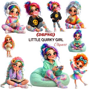 Op de afbeelding: Een verzameling van 26 digitale PNG-illustraties getiteld LITTLE QUIRKY GIRL Clipart met stripfiguren met levendig regenboogkleurig haar, in diverse outfits zoals tie-dye hoodies, shirts met smileys en mutsen, afgebeeld in verschillende houdingen.