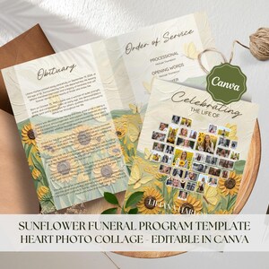 May include: A funeral program template with a sunflower theme. The design includes an obituary, order of service, and a heart-shaped photo collage. The text includes "Obituary", "Order of Service", and "Celebrating the Life of". The program is editable in Canva.
