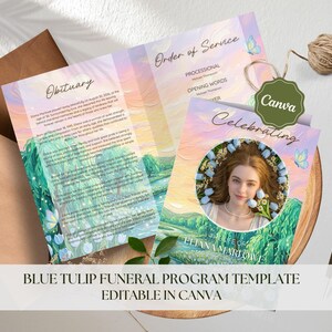 Modèle sur toile pour programme funéraire tulipe bleue, notice nécrologique modifiable pour la célébration de la vie, ordre de service commémoratif floral et papillon # F04
