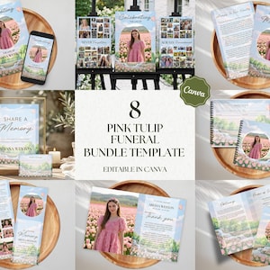 Modèle de kit funéraire « Tulipes roses », ensemble Canva pour la célébration de la vie avec papillon, programme de cérémonie commémorative florale modifiable #F05