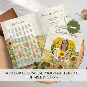 Op de afbeelding: Een drievoudig gevouwen begrafenisprogramma-sjabloon met een zonnebloemthema. Het ontwerp bevat een foto van een vrouw die een zonnebloem vasthoudt, samen met de tekst "Obituary" en "Order of Service". De sjabloon is "Editable in Canva".