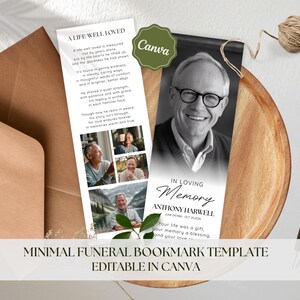 May include: A memorial bookmark template with a black and white photo of a man wearing glasses. The bookmark includes the text "In Loving Memory" and the name "Anthony Harwell". The design also features a poem and the text "A Life Well Loved".