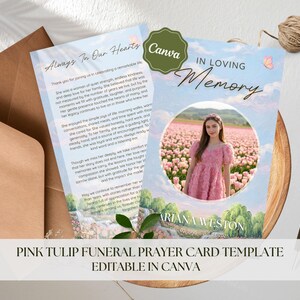 Modèle de carte de prière funéraire tulipe rose, carte de célébration de la vie papillon toile modifiable, souvenir floral commémoratif #F05