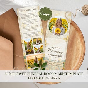Plantilla de marcapáginas funerario de girasol, recuerdo editable de celebración de la vida con mariposa en Canva, recuerdo de obituario imprimible conmemorativo n.° F03
