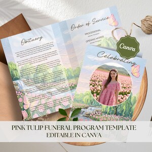 Modèle sur toile de programme funéraire tulipe rose, ordre d'office modifiable pour la célébration de la vie, livret nécrologique commémoratif floral et papillon # F05