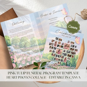 Peut inclure: Un modèle de programme funéraire avec un collage photo en forme de cœur, des tulipes roses et une illustration paysagère. Le texte inclut "Obituary," "Order of Service," et "Celebrating the Life of." Un stylo et une pelote de ficelle sont visibles.
