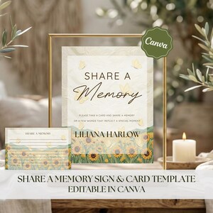 Peut inclure: Un panneau encadré et des cartes assorties avec un motif floral. Le panneau indique "Share a Memory" avec le nom "Liliana Harlow" en dessous. Les cartes et le panneau présentent des tournesols et des papillons. Le panneau est dans un cadre doré.