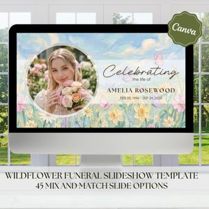 May include: A computer monitor displays a wildflower funeral slideshow template. The design features a portrait of a woman holding flowers, with text that reads "Celebrating the life of Amelia Rosewood." The background includes a floral and sky design.