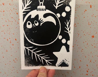 Christmas Chaos Cat linocut print 5x7" on white cardstock