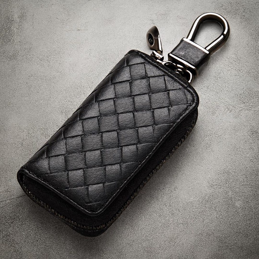 Leather Car Key Case for Men, Woven Split Leather Holder, Stylish ...