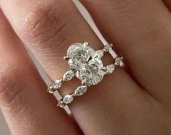 3 CT Oval Lab Grown Diamond Engagement Ring Set 14K Gold Bridal Wedding Ring Set IGI Certified Diamond Anniversary Ring Set For Women