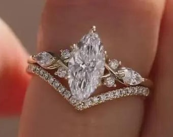2 CT Marquise Lab Grown Diamond Engagement Ring Set 14K Gold Cluster Bridal Wedding Ring Set IGI Certified Diamond Ring Set Promise Ring Set