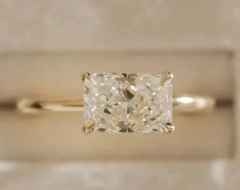 East West 2 CT Radiant Lab Grown Diamond Engagement Ring 14K Gold Hidden Halo Bridal Wedding Ring IGI Certified Diamond Ring Promise Ring