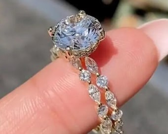Conjunto de anillo de compromiso con diamante cultivado en laboratorio de talla redonda de 3 quilates, conjunto de anillo de boda nupcial de oro de 14 quilates, conjunto de anillo de diamantes con certificación IGI, conjunto de anillo de promesa.
