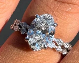 3 KT Oval Lab gewachsener Diamant Verlobungsring Set 14K Gold Versteckter Halo Ehering Set Ovaler Brautring Jubiläumsring für Frauen