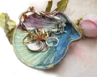 shell jewelry dish - unique shell dish , ocean decor - shell dish, pottery dish, ( 30 )