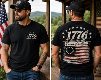 Peut inclure: T-shirt noir avec l'inscription "1776: Land of the Free" à l'avant et à l'arrière. Le dos du t-shirt présente un motif de drapeau américain vieilli et la phrase "Because of the Brave."