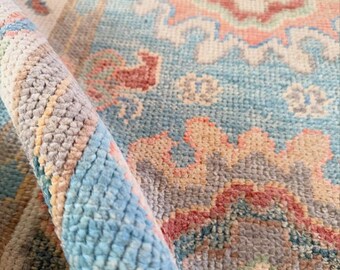 Vintage Oushak Rug, Turkish Wool Runner, Blue Floral Hallway Carpet, Handmade Boho Decor
