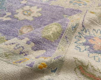 Lavender Oushak Rug, Hand Knotted Wool Floral Area Carpet, Turkish Style Decor