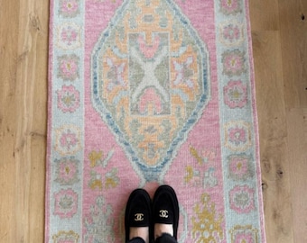 Vintage Turkish Oushak Runner, Pink Floral Rug, Handmade Wool Runner, Soft Pastel Carpet for Hallway Decor