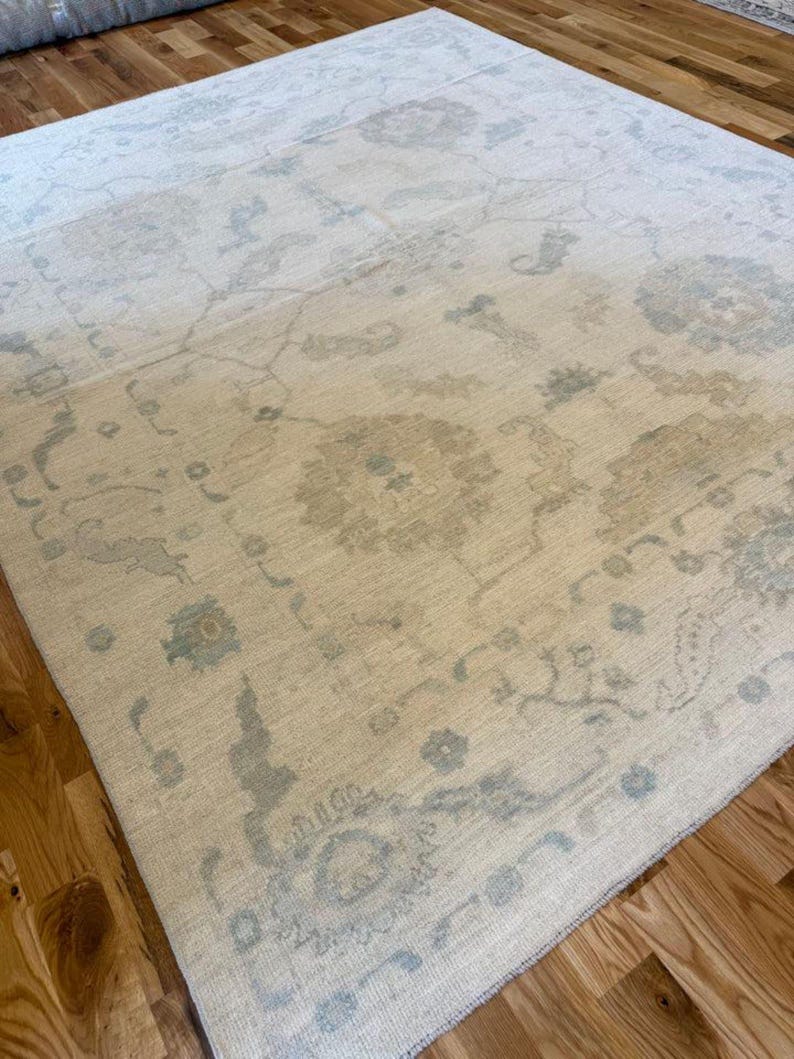 May include: A large area rug featuring a cream-colored base with intricate, faded floral and vine patterns in soft shades of light blue and beige. The design includes symmetrical medallion motifs and a decorative border, creating a textured appearance.