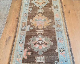 May include: A long rectangular runner rug featuring a dark brown central field with repeating floral medallions in soft shades of light blue, peach, and cream. The border is light blue with geometric patterns and a thin outer edge in tan.
