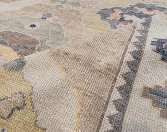 May include: A woven area rug featuring a beige base with a repeating pattern of circular and geometric motifs in muted shades of blue, yellow, pink, and green. The rug has a textured pile surface and a distinct border with a jagged, triangular design.