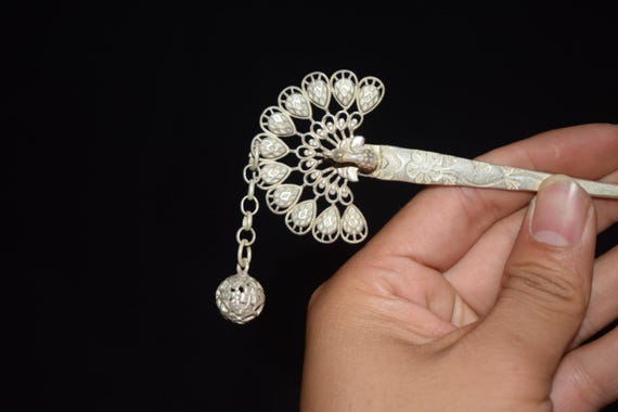 Tibetan Silver Headwear carved peacock bird hairpin,Chinese handmade craft