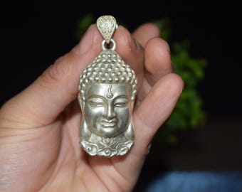 2.37"old China Tibetan silver Sakyamuni Shakya Mani Buddha's head Talisman amulet pendant collectibles