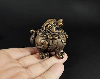 Old Chinese temple Pure copper handcrafted Foo Fu Dog Guardion Lion Incense Burner Censer