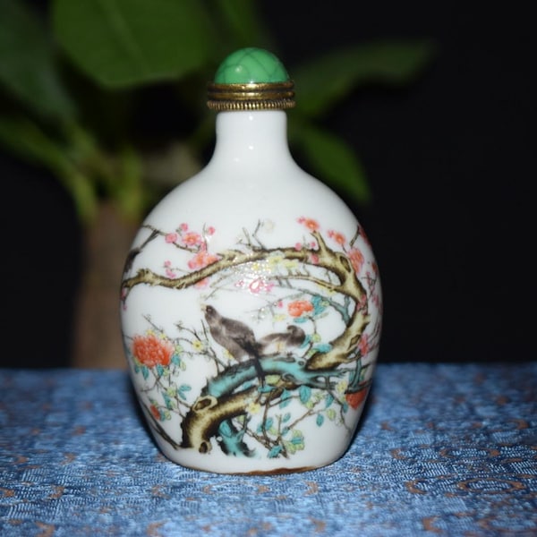Exquisite Chinese Porcelain handcrafted plum blossom bird pattern snuff bottle ornament statue