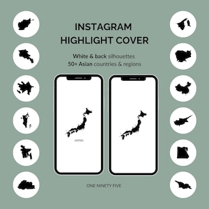 May include: Instagram highlight cover design featuring white and black silhouettes of Asian countries and regions. The design includes two smartphone mockups displaying the map of Japan, with the text "JAPAN" below. The text "ONE NINETY FIVE" is also present.