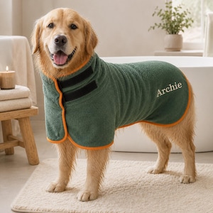 May include: A golden retriever wearing a dark green dog bathrobe with orange trim and black velcro closures. The bathrobe features the name Archie embroidered in white script on the side. The fabric has a textured, absorbent towel-like finish.