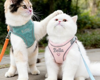 Custom Name Cat Harness - Soft Pastel chest harness with Reflective Strap, Lightweight Escape-Proof Kitty Harness Spring Outfit Gift for pet