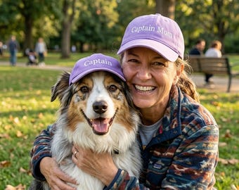 Personligt set med hundmamma och valpkepsar | Broderade matchande hattar, present till hundälskare, födelsedagsminnessak till hundägare, justerbara husdjurskepsar