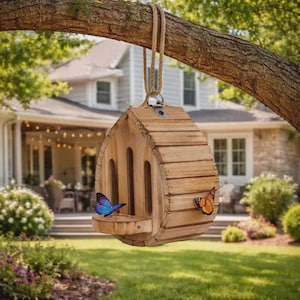 May include: A wooden birdhouse with a natural finish, hanging from a tree branch. The birdhouse has a small perch and is decorated with two butterflies, one blue and one orange. The birdhouse is suspended by a rope and is set against a backdrop of a house and garden.