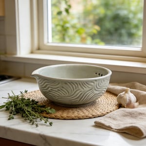 May include: A light green ceramic mixing bowl with a wave pattern, a spout, and three holes. The bowl sits on a round woven placemat with fresh herbs and a garlic bulb. A beige linen cloth is next to the bowl.