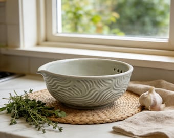 Handmade Ceramic Grater Bowl, 3-in-1 Herb Stripper & Prep Bowl, Garlic Ginger Grater with Spout