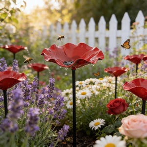 May include: Red, flower-shaped bird baths with black stems are set in a garden with lavender, daisies, and roses. Bees and a butterfly fly around the baths. A white picket fence is in the background.