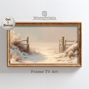 Art mural pour téléviseur avec porte d'hiver ouverte, paysage enneigé neutre et doux (téléchargement numérique) WFT21