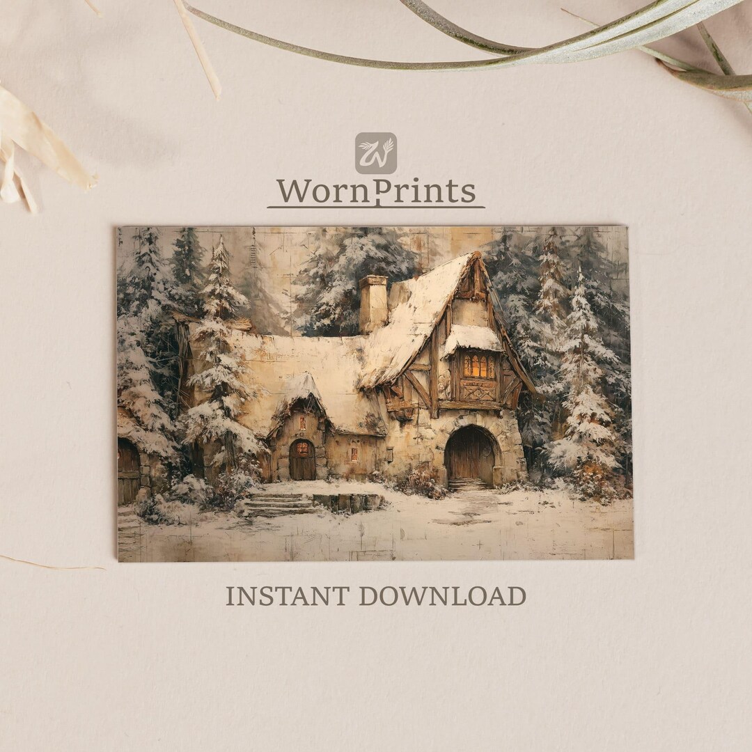 Vintage Snowy Cottage Wall Art Print – Rustic Winter Forest Cabin Scene ...