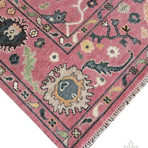 Hand-Knotted Oushak Rug | Raspberry Pink Field with Charcoal & Sage Palmette Medallions | Bold Traditional Persian-Inspired Wool Area Rug