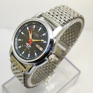 Refurbished Bürger Armbanduhr Automatik 21 Juwelen Schwarzes Zifferblatt Day-Date Edelstahl Herren Vintage Armbanduhr