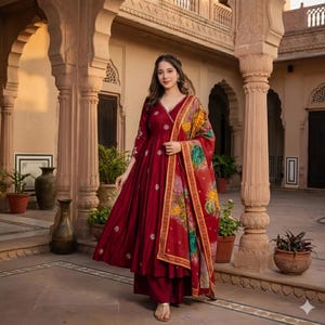 Puede incluir: Un conjunto salwar kameez indio de color burdeos. El atuendo incluye una túnica larga y fluida con bordados florales, pantalones palazzo a juego y una colorida bufanda con estampado floral. La mujer está en un patio con detalles arquitectónicos.