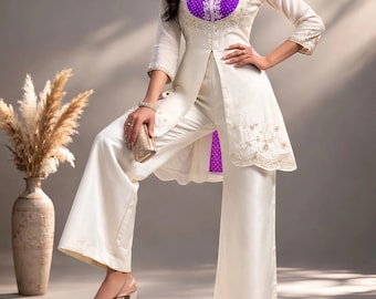 Conjunto de pantalón palazzo bordado con cordón, ropa étnica festiva para mujer.