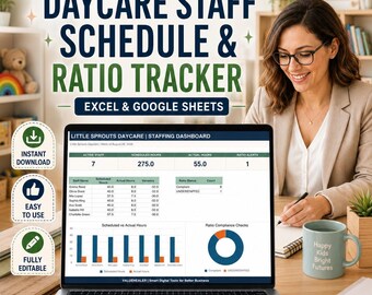 Spreadsheet voor het rooster van kinderopvangmedewerkers, tracker voor uren en personeelsbezetting in de kinderopvang, Excel- en Google Sheets-sjabloon voor peuterspeelzalen