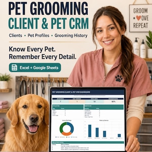 Puede incluir: Un panel de control digital de CRM para clientes y mascotas de peluquería canina en la pantalla de un portátil. La interfaz muestra métricas como mascotas activas, mezcla de servicios y tasas de reserva, con encabezados como ValueHealer.