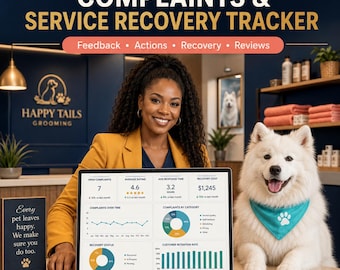 Dog Grooming Complaint Tracker, Pet Salon Reviews & Service Recovery Log, Customer Feedback Dashboard, Excel Google Sheets
